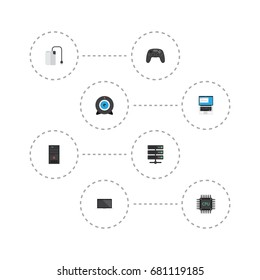 Flat Icons Monitor, Datacenter, Web Cam And Other Vector Elements. Set Of Laptop Flat Icons Symbols Also Includes Controller, System, Camera Objects.