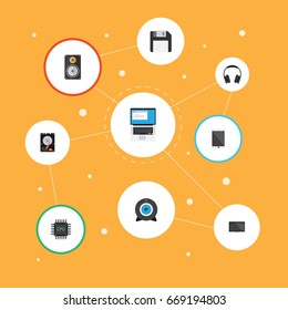 Flat Icons Monitor, Diskette, Microprocessor And Other Vector Elements. Set Of PC Flat Icons Symbols Also Includes Megaphone, Screen, Amplifier Objects.