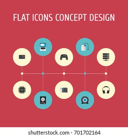 Flat Icons Monitor, Microprocessor, Slot Machine And Other Vector Elements. Set Of PC Flat Icons Symbols Also Includes Web, Drive, Hdd Objects.
