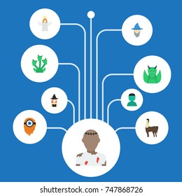 Flat Icons Monster, Magic, Character And Other Vector Elements. Set Of Fantasy Flat Icons Symbols Also Includes Angel, Horse, Mythology Objects.