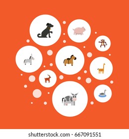 Flat Icons Moose, Chimpanzee, Jackass And Other Vector Elements. Set Of Zoology Flat Icons Symbols Also Includes Kine, Pig, Mammal Objects.