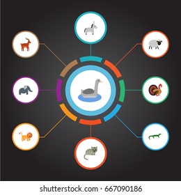 Flat Icons Moose, Waterbird, Wildcat And Other Vector Elements. Set Of Zoology Flat Icons Symbols Also Includes Cat, Gobbler, Bishop Objects.