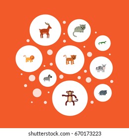 Flat Icons Moose, Wildcat, Chimpanzee And Other Vector Elements. Set Of Zoology Flat Icons Symbols Also Includes Leopard, Hippo, Kine Objects.