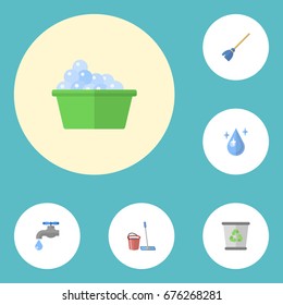 Flat Icons Mopping, Aqua, Faucet And Other Vector Elements. Set Of Cleaning Flat Icons Symbols Also Includes Laundry, Bin, Drop Objects.