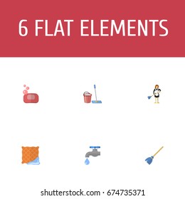 Flat Icons Mopping, Foam, Housewife And Other Vector Elements. Set Of Cleaning Flat Icons Symbols Also Includes Cloth, Bucket, Soap Objects.