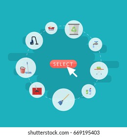 Flat Icons Mopping, Garbage Container, Besom And Other Vector Elements. Set Of Cleaning Flat Icons Symbols Also Includes Mopping, Bucket, Whisk Objects.