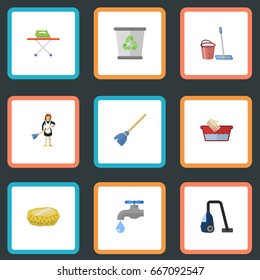 Flat Icons Mopping, Housewife, Sweeper And Other Vector Elements. Set Of Cleaning Flat Icons Symbols Also Includes Broom, Vacuum, Water Objects.