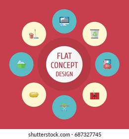 Flat Icons Mopping, Laundry, Foam And Other Vector Elements. Set Of Hygiene Flat Icons Symbols Also Includes Junk, Bowl, Bin Objects.