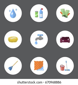 Flat Icons Mopping, Means For Cleaning, Besom And Other Vector Elements. Set Of Cleaning Flat Icons Symbols Also Includes Wisp, Besom, Water Objects.