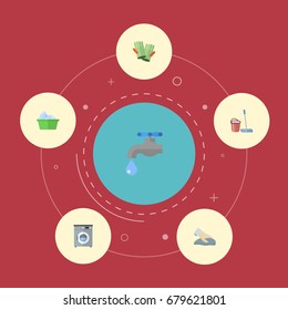 Flat Icons Mopping, Towel, Laundry And Other Vector Elements. Set Of Hygiene Flat Icons Symbols Also Includes Cleaning, Bowl, Laundromat Objects.
