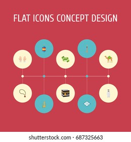Flat Icons Mosque, Mecca, Pitcher And Other Vector Elements. Set Of Religion Flat Icons Symbols Also Includes Muslim, Ramadan, Islamic Objects.