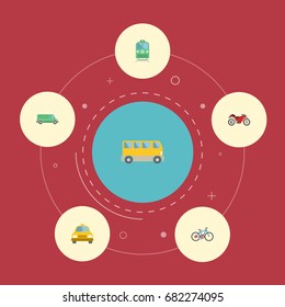 Flat Icons Motorbike, Bicycle, Carriage And Other Vector Elements. Set Of Auto Flat Icons Symbols Also Includes Motorcycle, Bicycle, Omnibus Objects.