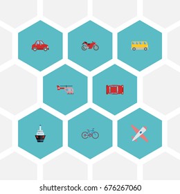 Flat Icons Motorbike, Boat, Omnibus And Other Vector Elements. Set Of Transport Flat Icons Symbols Also Includes Car, Chopper, Vehicle Objects.