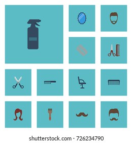 Flat Icons Moustache, Looking-Glass, Comb And Other Vector Elements. Set Of Hairdresser Flat Icons Symbols Also Includes Bristle, Razor, Sharp Objects.