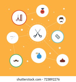 Flat Icons Moustache, Whiskers, Deodorant And Other Vector Elements. Set Of Barber Flat Icons Symbols Also Includes Hairstyle, Straight, Flacon Objects.