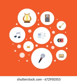 Flat Icons Mp3 Player, Banjo, Audio Box And Other Vector Elements. Set Of Audio Flat Icons Symbols Also Includes Microphone, Note, Disc Objects.