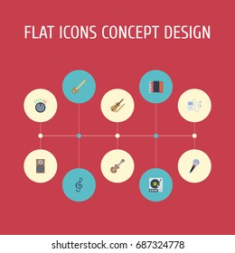 Flat Icons Mp3 Player, Karaoke, Turntable And Other Vector Elements. Set Of Audio Flat Icons Symbols Also Includes Musical, Fiddle, Vinyl Objects.