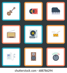 Flat Icons Mp3 Player, Knob, Audio Box And Other Vector Elements. Set Of Melody Flat Icons Symbols Also Includes Musical, Disc, Instrument Objects.