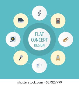 Flat Icons Mp3 Player, Quaver, Karaoke And Other Vector Elements. Set Of Studio Flat Icons Symbols Also Includes Orchestra, Octave, Vinyl Objects.