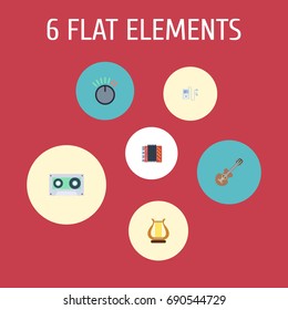 Flat Icons Mp3 Player, Tape, Harmonica And Other Vector Elements. Set Of Audio Flat Icons Symbols Also Includes Cassette, Harp, Player Objects.
