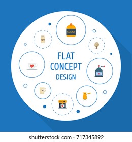 Flat Icons Mug, Coffeemaker, Ibrik And Other Vector Elements. Set Of Coffee Flat Icons Symbols Also Includes Cezve, Capsule, Sugar Objects.