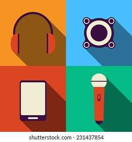 Flat icons music set. Microphone, audio speakers, player, headphones. Vector illustration.