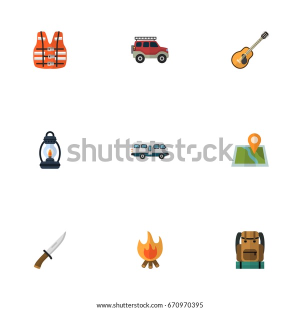 Flat Icons Music, Suv, Fire And Other Vector\
Elements. Set Of Camping Flat Icons Symbols Also Includes Backpack,\
Camper, Lighter Objects.