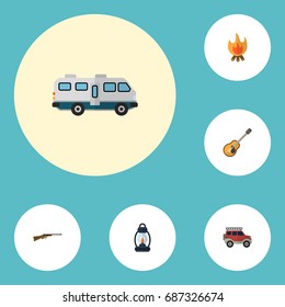 Flat Icons Music, Weapon, Fire And Other Vector Elements. Set Of Camp Flat Icons Symbols Also Includes Van, Bonfire, Lamp Objects.
