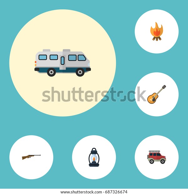 Flat Icons Music, Weapon, Fire And Other Vector\
Elements. Set Of Camp Flat Icons Symbols Also Includes Van,\
Bonfire, Lamp Objects.