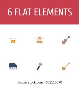 Flat Icons Musical Instrument, Acoustic, Tambourine And Other Vector Elements. Set Of Studio Flat Icons Symbols Also Includes String, Drum, Musical Objects.
