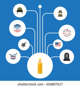 Flat Icons Musical Instrument, Aircraft, Soldier Helmet And Other Vector Elements. Set Of Day Flat Icons Symbols Also Includes Memorial, Aircraft, Rip Objects.