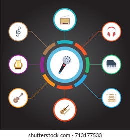Flat Icons Musical Instrument, Fiddle, Karaoke And Other Vector Elements. Set Of Studio Flat Icons Symbols Also Includes Octave, Headphones, Fm Objects.