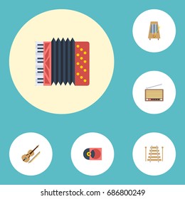 Flat Icons Musical Instrument, Retro Disc, Radio And Other Vector Elements. Set Of Audio Flat Icons Symbols Also Includes Orchestra, Motion, Rhythm Objects.