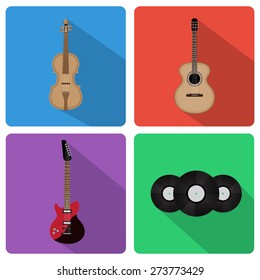 Flat icons with musical instruments with long shadow. EPS10 vector
