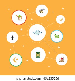 Flat Icons Muslim Woman, Prayer Carpet, Arabic Calligraphy And Other Vector Elements. Set Of Ramadan Flat Icons Symbols Also Includes Mubarak, Muslim, Eid Objects.