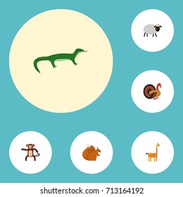 Flat Icons Mutton, Gobbler, Chipmunk And Other Vector Elements. Set Of Zoology Flat Icons Symbols Also Includes Giraffe, Sheep, Nut Objects.