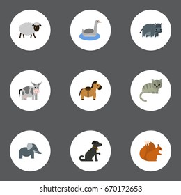 Flat Icons Mutton, Hound, Pony And Other Vector Elements. Set Of Zoo Flat Icons Symbols Also Includes Goose, Trunk, Cat Objects.