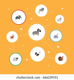 Flat Icons Mutton, Kitty, Gobbler And Other Vector Elements. Set Of Zoo Flat Icons Symbols Also Includes Horse, Jackass, Mutton Objects.