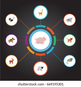 Flat Icons Mutton, Rooster, Pony And Other Vector Elements. Set Of Zoology Flat Icons Symbols Also Includes Deer, Horse, Cow Objects.