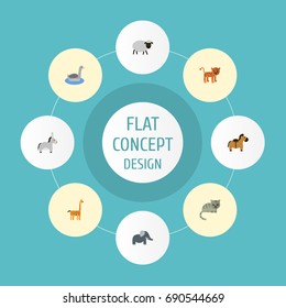 Flat Icons Mutton, Waterbird, Jackass And Other Vector Elements. Set Of Zoo Flat Icons Symbols Also Includes Horse, Merinos, Leopard Objects.