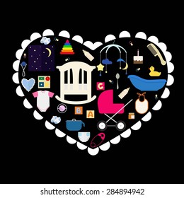 Flat icons of necessary items for newborn baby in a shape of a heart on black background.