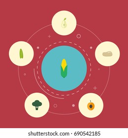Flat Icons Nectarine, Duchess, Maize And Other Vector Elements. Set Of Dessert Flat Icons Symbols Also Includes Cereal, Corn, Apricot Objects.