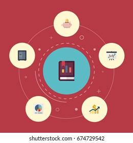 Flat Icons Net Income, Book, Moneybox And Other Vector Elements. Set Of Recording Flat Icons Symbols Also Includes Increase, Strategy, Accumulation Objects.