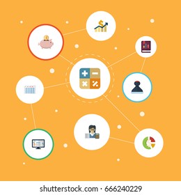 Flat Icons Net Income, Mark, Accounting System And Other Vector Elements. Set Of Registration Flat Icons Symbols Also Includes Model, Asset, Report Objects.