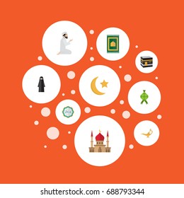 Flat Icons New Lunar, Malay, Praying Man And Other Vector Elements. Set Of Ramadan Flat Icons Symbols Also Includes Genie, Raya, Mekkah Objects.