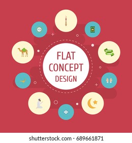 Flat Icons New Lunar, Ramadan Kareem, Palm And Other Vector Elements. Set Of Ramadan Flat Icons Symbols Also Includes Calligraphy, Hump, Minaret Objects.