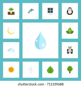 Flat Icons Night, Sky, Sprout And Other Vector Elements. Set Of Green Flat Icons Symbols Also Includes Sunshine, Power, Polar Objects.