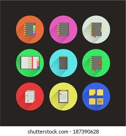 Flat icons for notebooks. Nine circle color icons with notebooks for business on black.