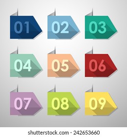 Flat icons number set with long shadow for design. Vector illustration template.