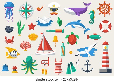 Flat icons with ocean creatures and symbols. Vector illustration. Sea leisure sport. Nautical design elements